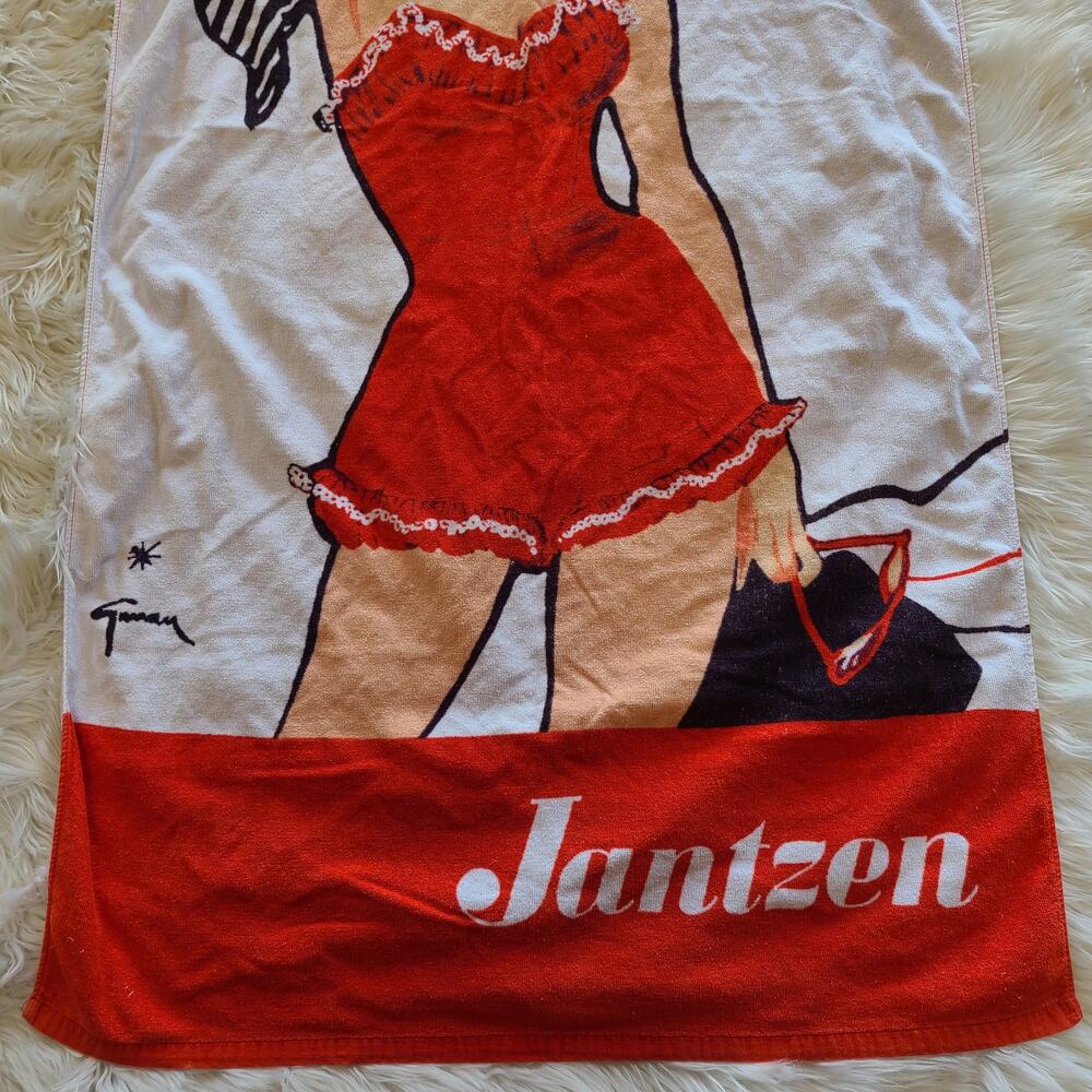 Vintage Jantzen Beach Towel Pinup 50's Rene Gruau Redhead Retro Swimwear Wrap - Picture 2 of 6